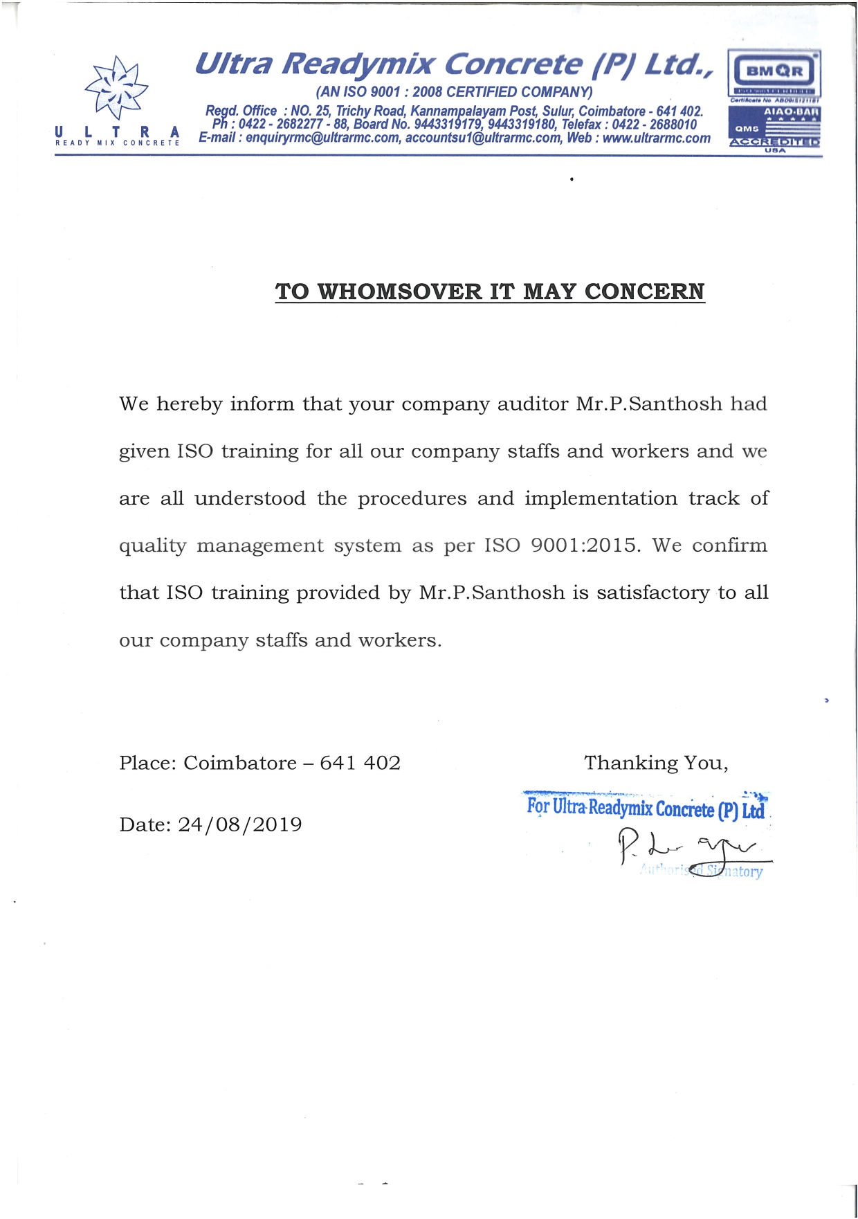 ISO 9001 Certification Ultra readymix